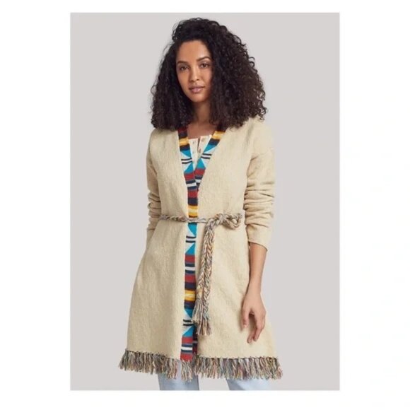 Faherty Cardigan Size Medium Large Aztec Tie Fringe Ivory Sweater - Picture 1 of 10